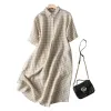 Beige checkered dress for women, summer slimming and form-fitting pure cotton short-sleeved A-line dress Item Picture
